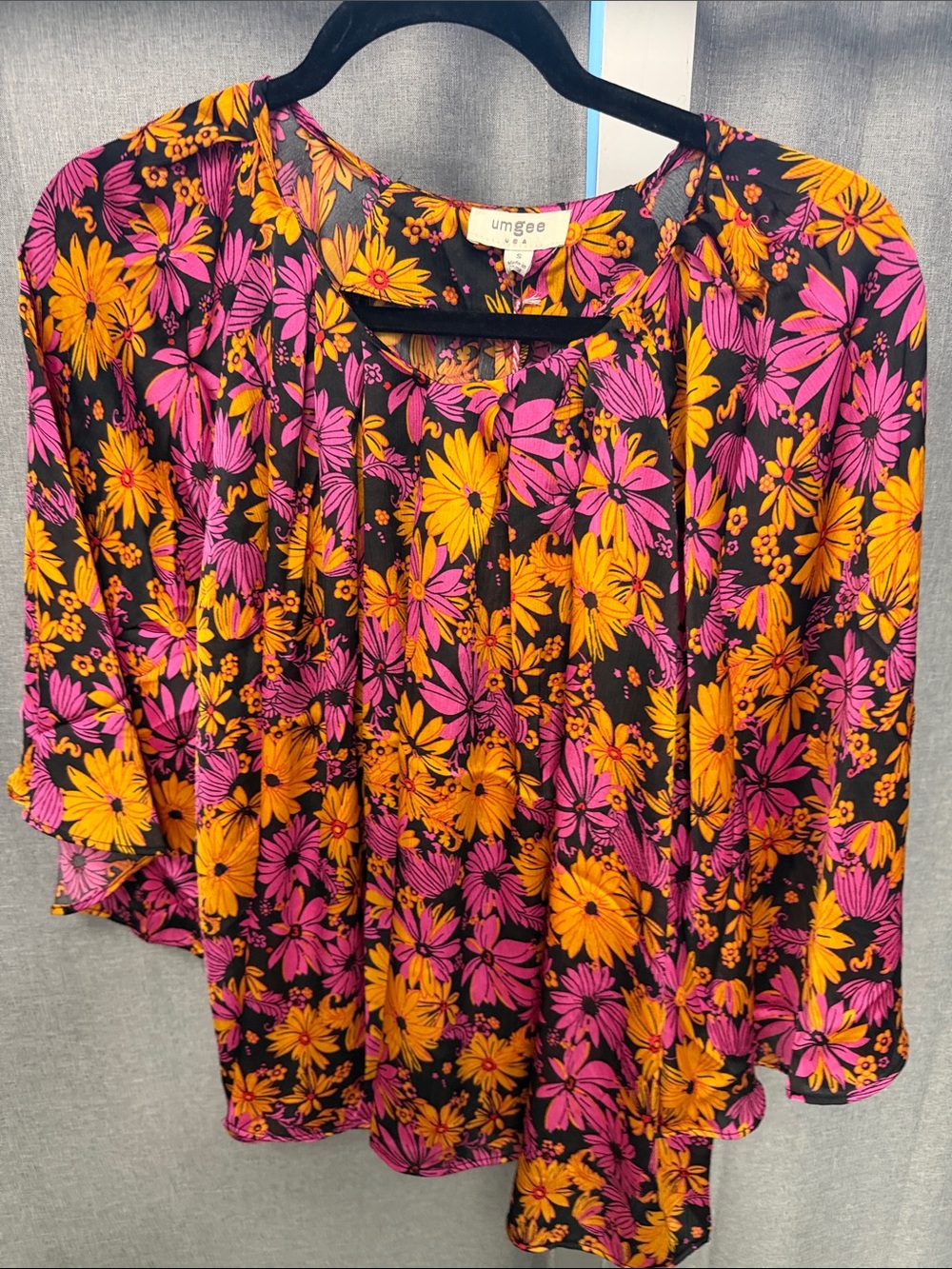 Umgee Black Floral Tie-Front Blouse with Pink & Orange Blooms